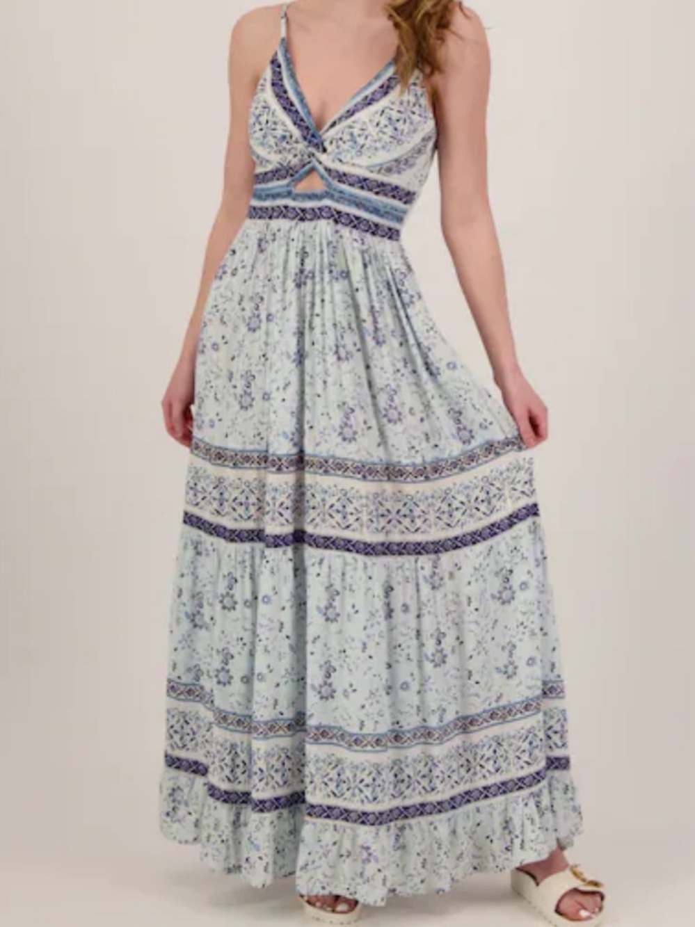 Angie Light Blue Floral Maxi Dress with Navy Trim